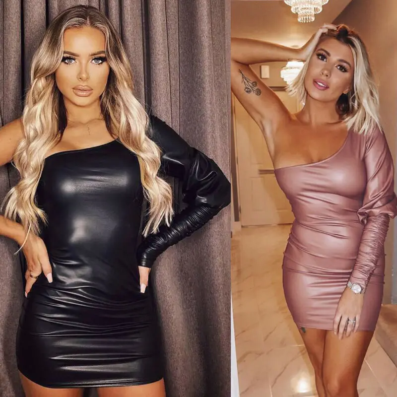 Женское платье из ПУ кожи с открытой спиной и одним плечом | Женская одежда