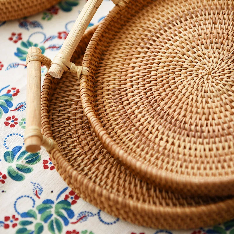 

Handmade Vine Woven Tray Disc Bread Fruit Snack Teacup Tea Tray Coffee Table Storage Basket Sewing Basket