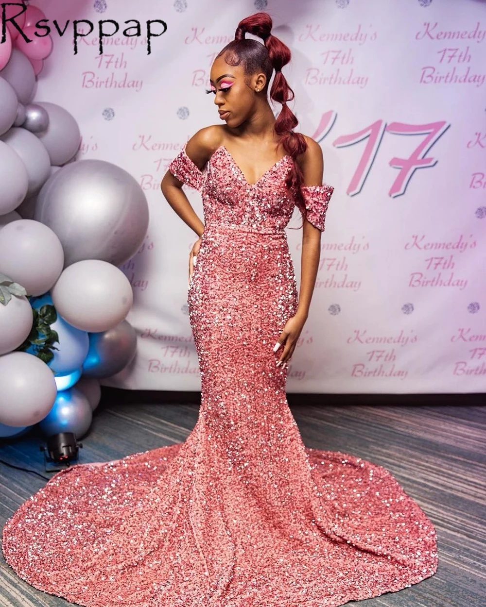 

Pink Long Mermaid Prom Dresses 2021 Elegant V-neck With Cap Sleeves Sparkly Sequin African Girl Party Dress Prom Gowns