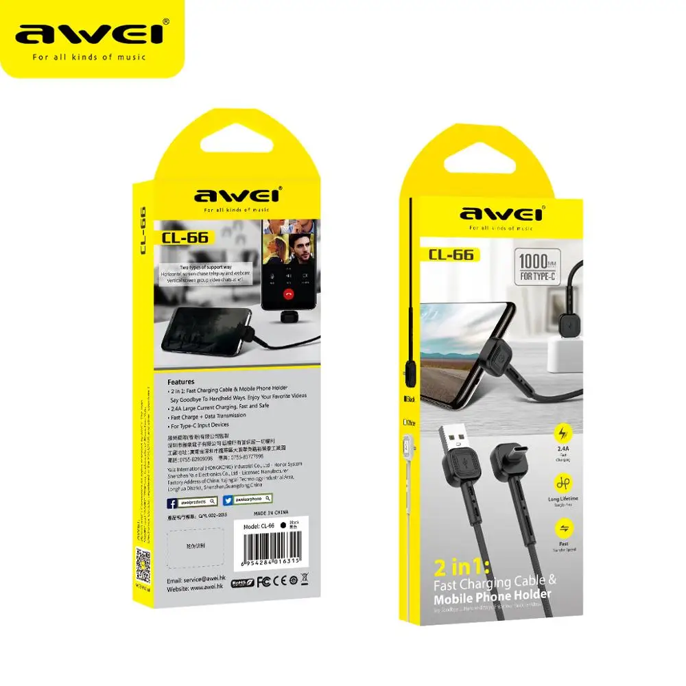 Awei CL-66 1 5 м USB Type-C 90 градусов быстрая зарядка Usb C телефонный кабель с держателем для