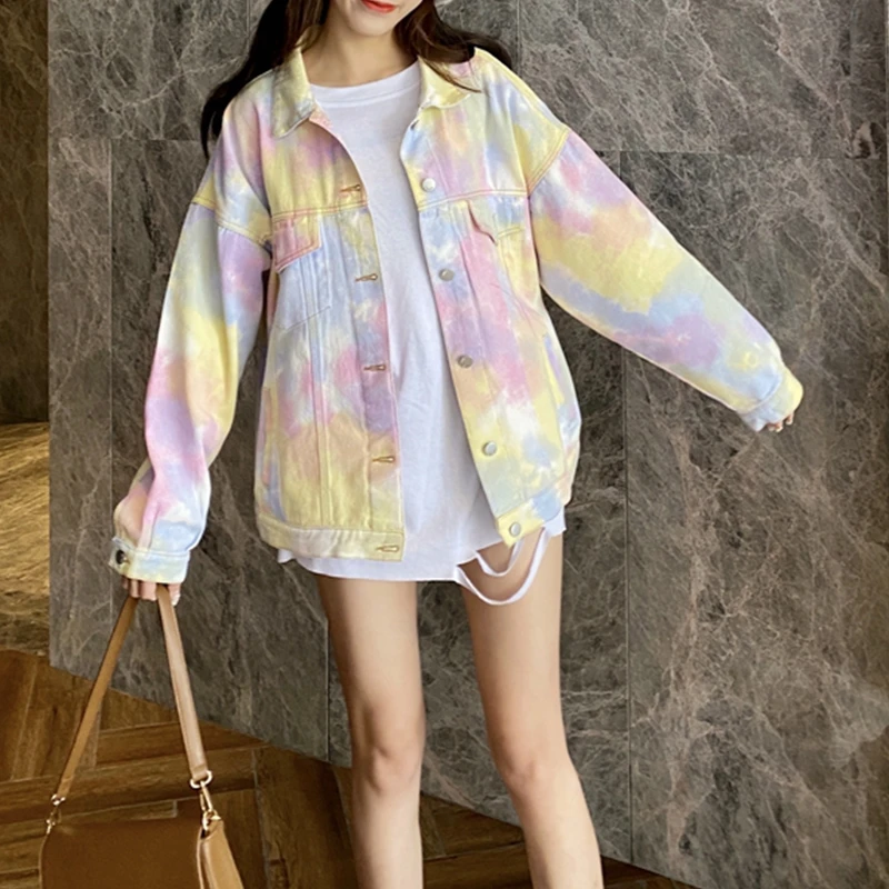 

2021 Autumn New Fashion Color Gradient Denim Jacket The Same Clothes Rainbow Clothes Color Tie-dye Jacket Men And Women