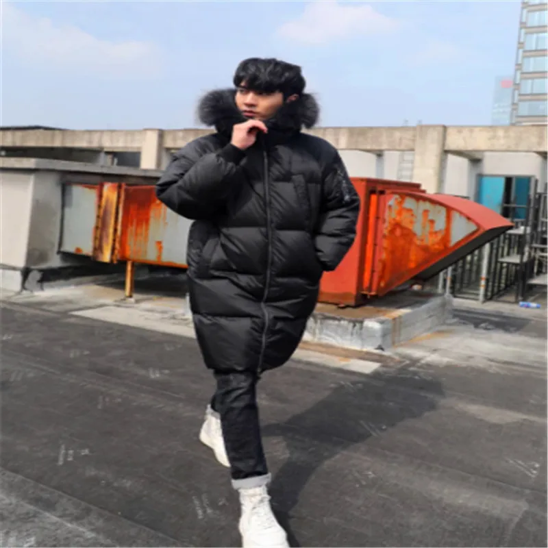 

Мужской зимний пуховик, Толстая теплая длинная куртка на 90% утином пуху, Мужская Корейская парка с мехом енота на воротнике