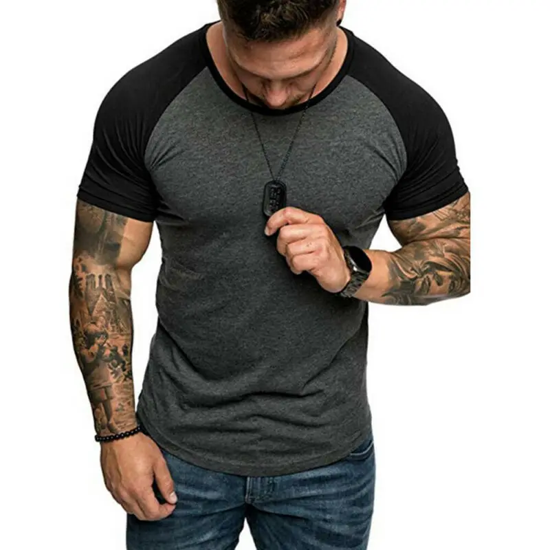 

Mens Muscle T-Shirt Patchwork Running Sport Gym Short Sleeve Shirt Summer Tops