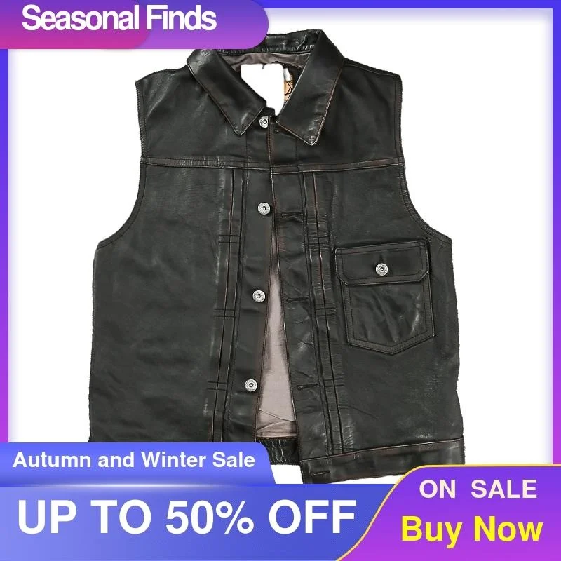 

Vintage 2021 Black Japan Casual Style Genuine Leather Vest Men Plus Size 4XL Real Natural Horsehide Spring Slim Fit Short Coat
