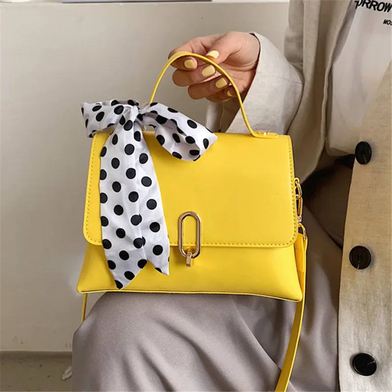 

Ladies Pure Color PU Leather Clamshell Small Crossbody Bags Dots Scarf Decoration Designer Handbags Women Elegant Shoulder Bag
