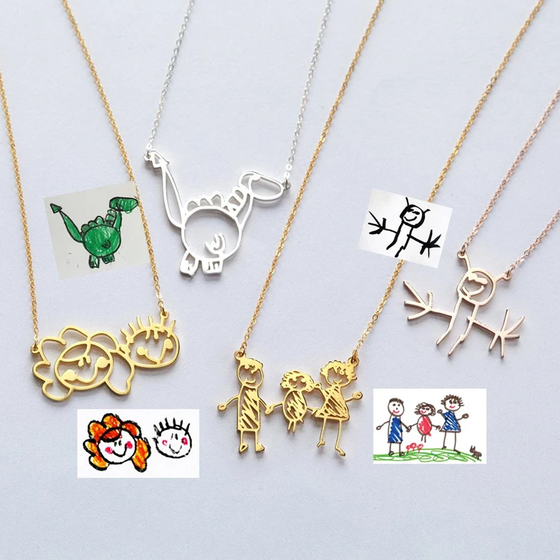 

Personalized Customized Children's Drawing Necklaces For Women Kids Artwork Custom Photo Pendant Neck Chains Family Jewelry Gift