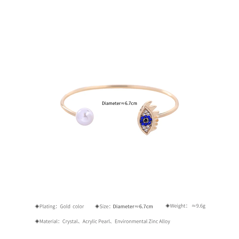 Trendy Blue Rhinestone Eye Imitation Pearl Cuff Bracelet Female New Alloy Open Bangle Indian Jewelry