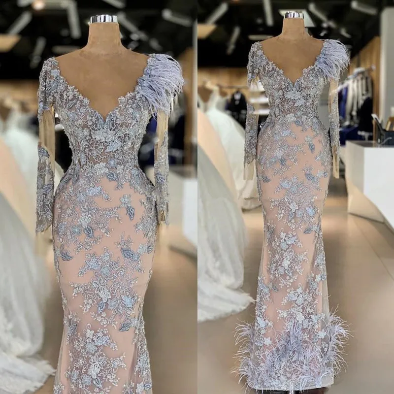 

Light Sky Blue Mermaid Evening Dresses with Long Sleeve 2020 Feather 3D Floral Lace Beaded Arabic Illusion Prom Gown abiti da ce