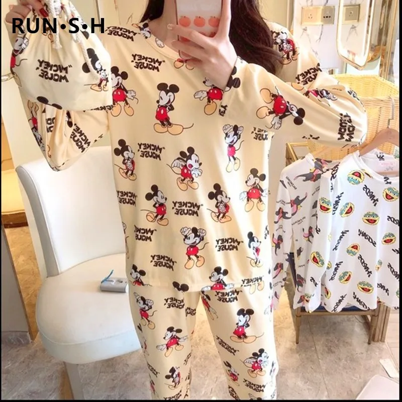 Женские хлопковые пижамы с принтом Микки Мауса домашняя одежда маленьким котом