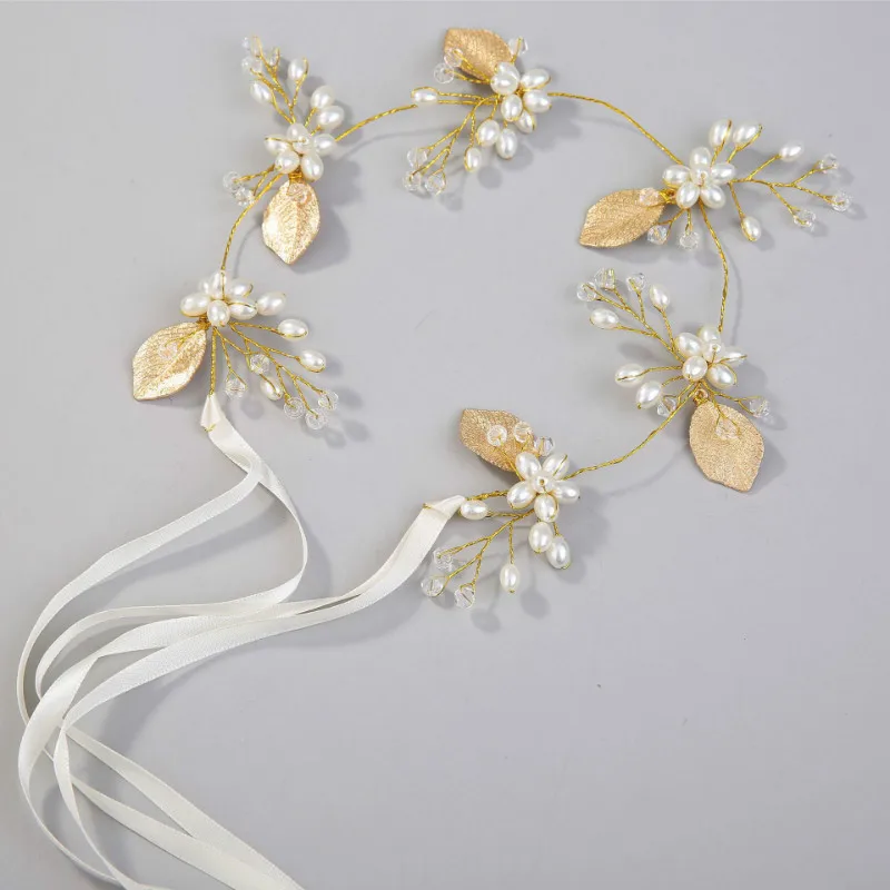 

Bridal handmade pearl tiara gold pearl leaf wedding dress accessory hair band bridal jewelry wedding decoration
