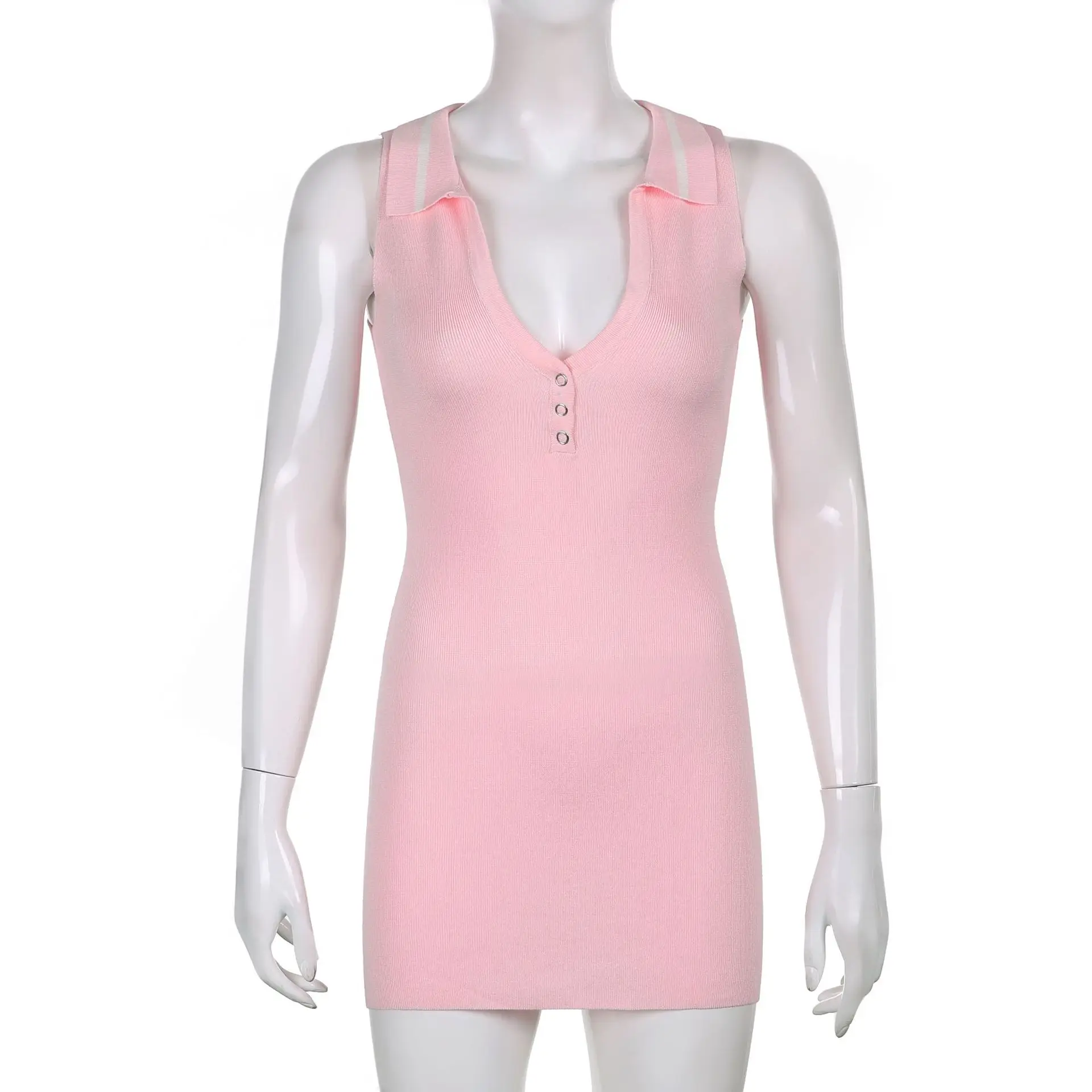 

Y2K EGIRL 90s Streetwear Vintage V-neck Pink Knitted Dresses Y2K Fashion Buttons Turn-Down Collar Sleeveless Tank Dress Short