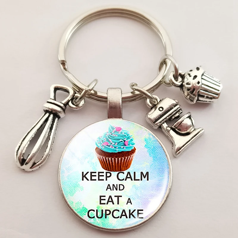 

New cake cup keychain cute dessert glass convex round pendant metal keychain daughter cake shop handmade gifts for customers