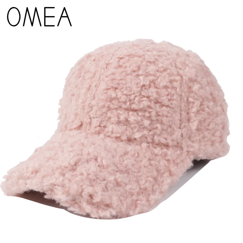 OMEA Lambs Wool Baseball Hat Women Curly Teddy Hair Snapback Cap Pink Hats Adjustable Visor Hat Winter Suede Cap Elegant Fashion