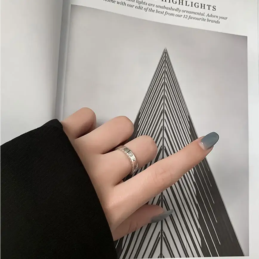 

925 Sterling Silver Smiley Retro Star Index Finger Opening Rings For Women Couple Simple Ins Cold Wind Trend Jewelry Gifts R405