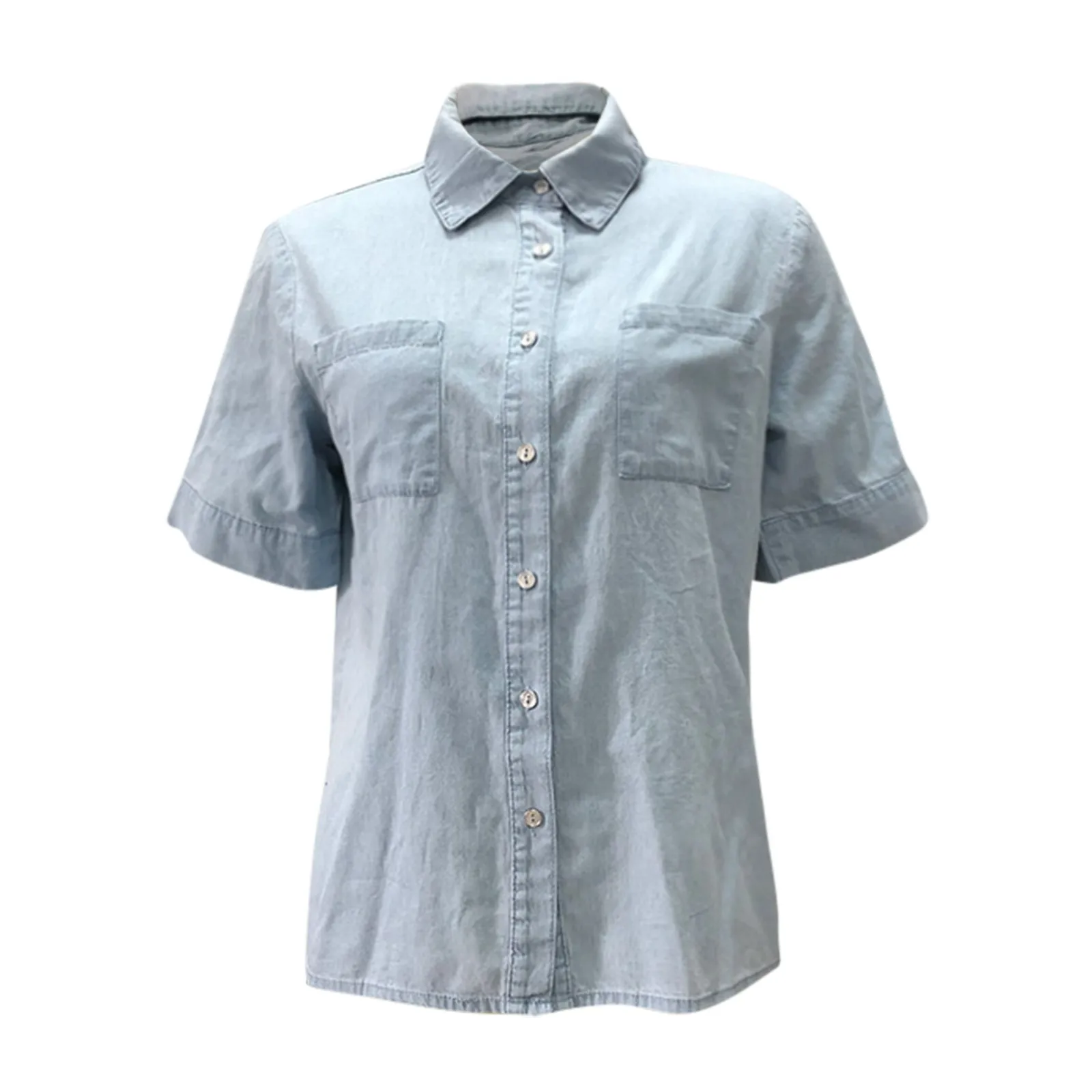 

TELOTUNY 2021 Autumn Women's Blouse Casual Solid Color Short Sleeve Denim Shirt Straight Pocket Loose Denim Top