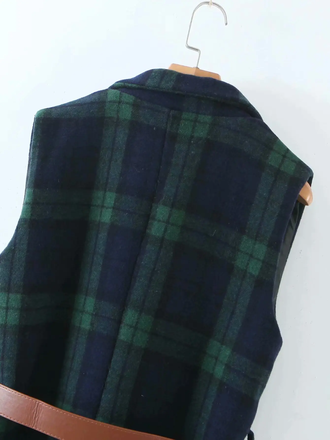 Женская Повседневная осенняя куртка без рукавов зеленая клетчатая длинная