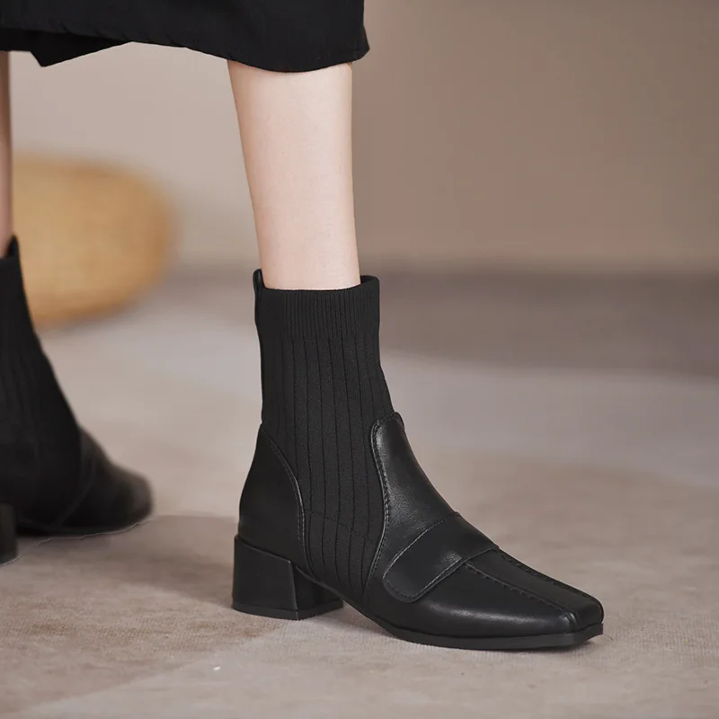 

New women's short boots, fashion boots, low tube square toe solid color thick heel knit tube solid color women's shoes boots