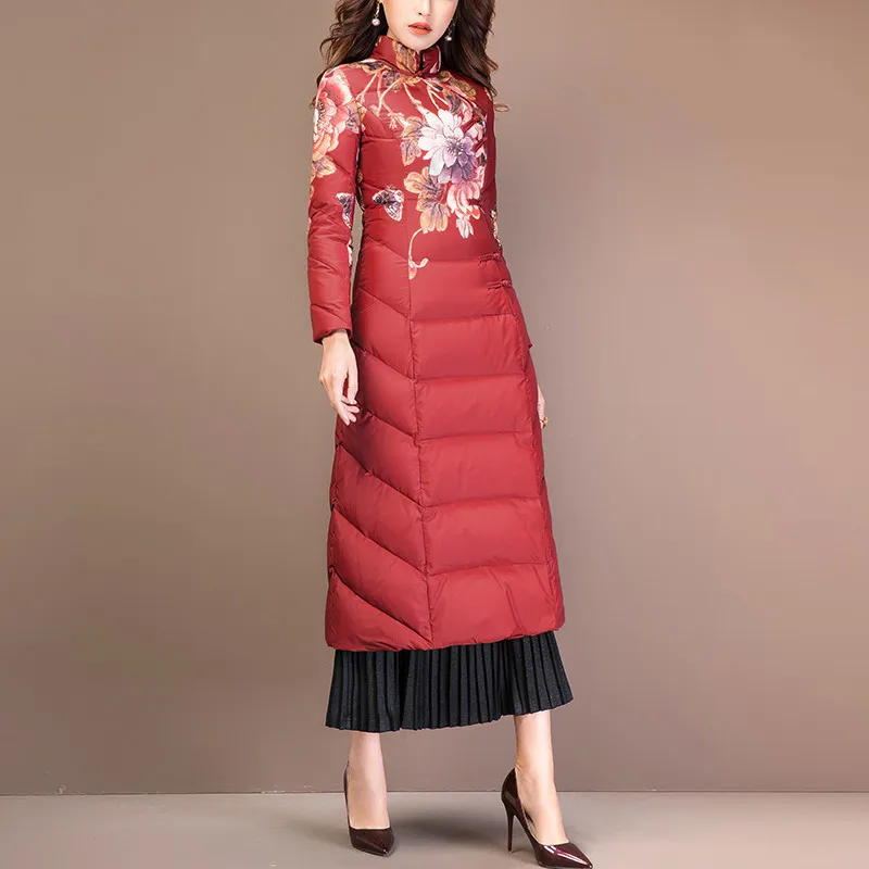 Зимний женский пуховик длинный белый на утином пуху винтажный с принтом Doudoune Femme