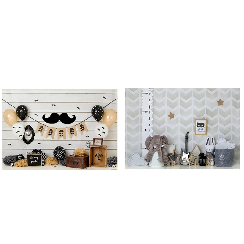

2PCS Photography Background Happy Party Theme Photo Studio Background Cloth, Black Beard & Elephant Bunny Guitar Animal