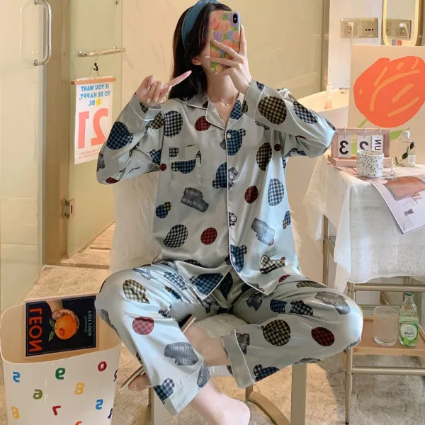 Пижама женская с отложным воротником и длинным рукавом на осень весну женское из