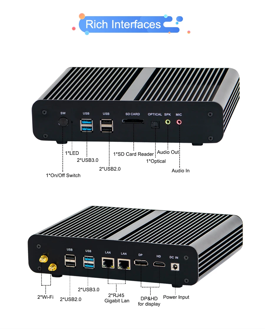 Дешевый Windows 10 Pro мини ПК без вентилятора i7 5500U i5 5200U i3 5005U 2 * Lans HDMI 1 оптический Barebone