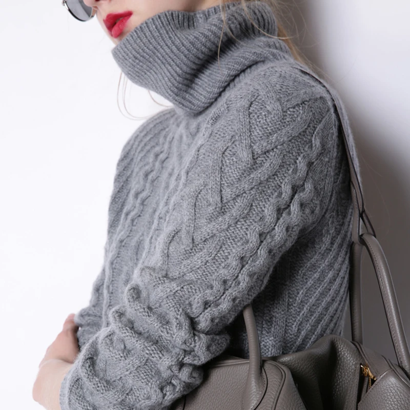 Женский однотонный кашемировый свитер ALKMENE длинный толстый с высоким воротником