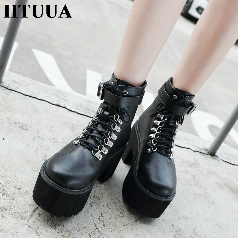 HTUUA/модные ботинки на платформе со шнуровкой и заклепками женские короткие