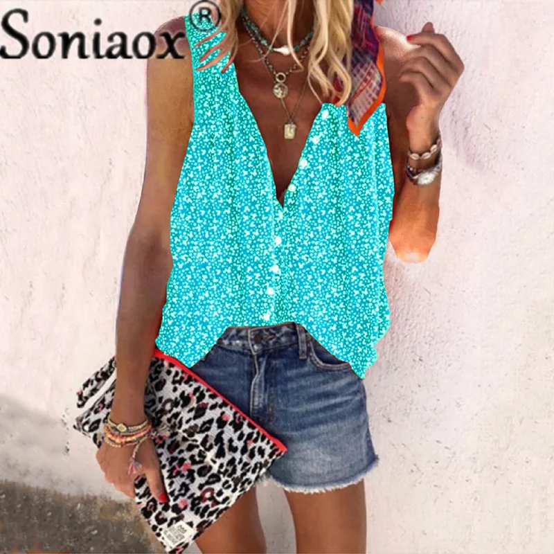 

Vintage Printing Loose Sleeveless Tops Women Casual Single-Breasted Blouses Shirts 2021 Summer Female Blouse Plus Size Clothing