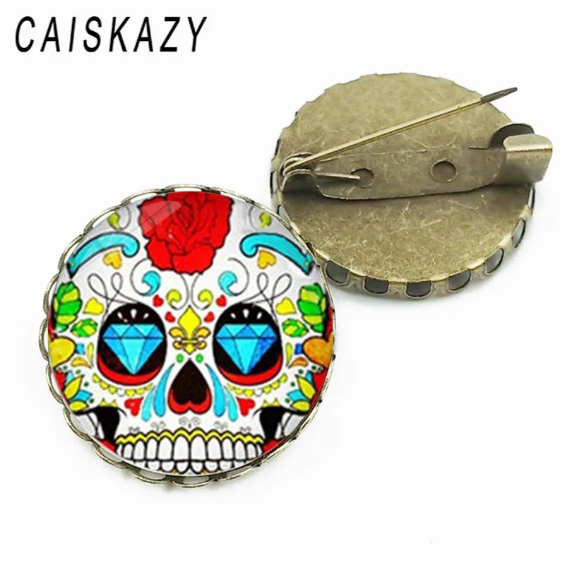 Модный булавка с изображением мексиканского сахарного черепа в стеклянном куполе, винтажные украшения и цветочные булавки на сумку и шляпу с позолоченным воротником для женщин.