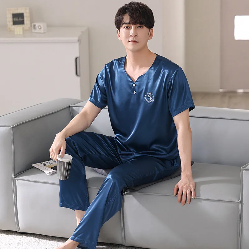 

2 шт искусственный шелк пижамный комплект для мужчин сексуальное платье с v-образным воротом, футболка с короткими рукавами и штаны, спортив...