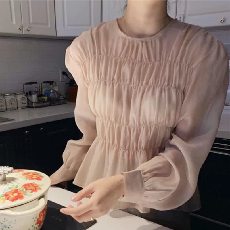 

2021 New Shirt Spring Summer Korean Ins O Neck Puff Long Sleeve Blouse Solid Pleated Design Perspective Blusas Womens Tops