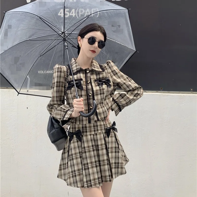

Collaosed # grid brief paragraph cardigan coat suits female autumn bowknot of tall waist pleated skirts