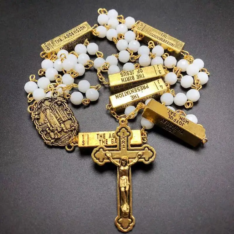 Белый граненый стеклянный Розарий 6 мм религиозный с Фатимой католическое