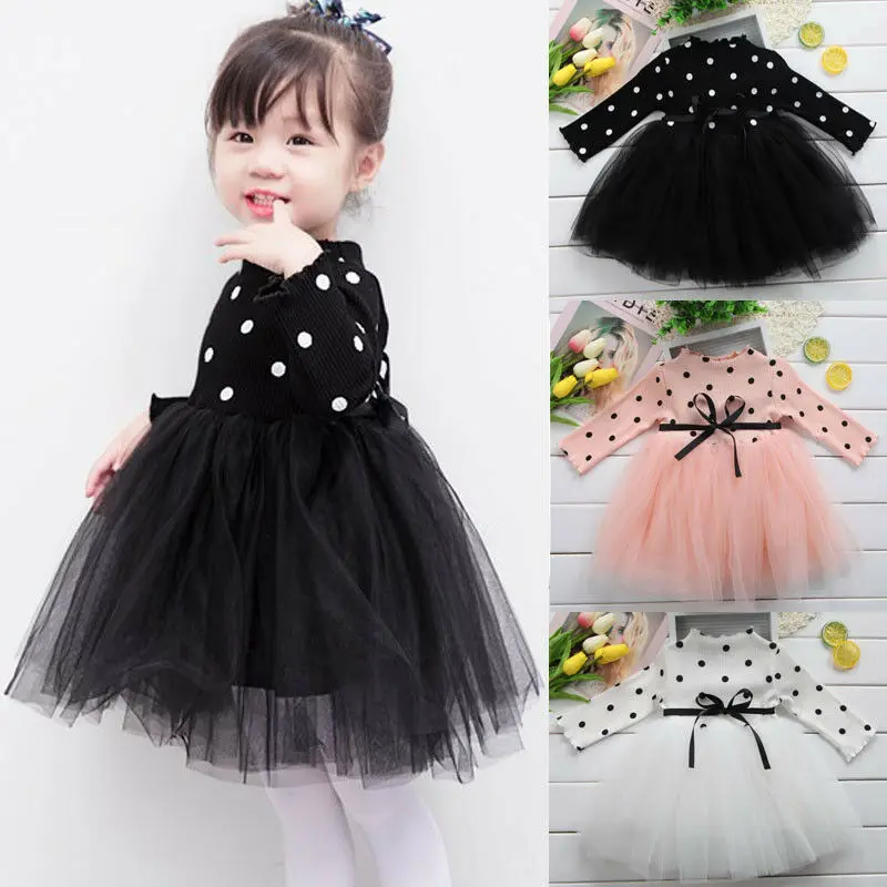 

New Fashion Toddler Kids Baby Girls Dress Long Sleeve Knitting Polka Dot Lace Tutu Dress