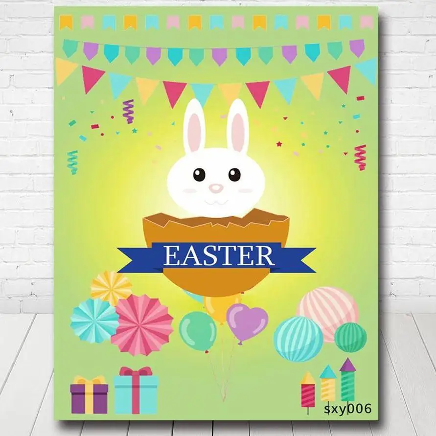 

Bunting Cute Rabbit Eggs Happy Easter Backdrops For Photography Green Spring Backgrounds Custom Poster
