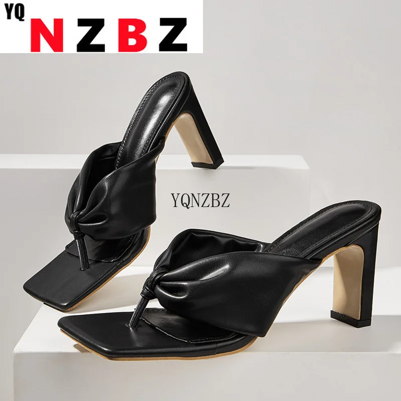 

YQNZBZ 2021 New Elegant Women Slipper Square High Heel Sandal Shoes Ladies High Quality Outdoor Summer Slides Flip Flop Shoes