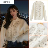 korean fashion autumn winter clothes luxury crystal beading thick knitted sweater women 2021 mink cashmere knitted cardigan