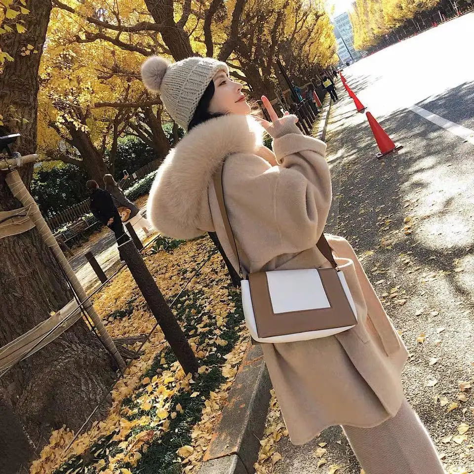 Корейское длинное кашемировое пальто с настоящим бренд Fox Fur Trim Hoodie теплое плотное пальто с большими карманами женская верхняя одежда зимнее пальто