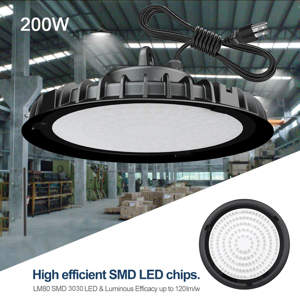 

200W UFO Led High Bay Light 6000K Warehouse Workshop Garage Light Fixture Waterproof Commercial Industrial Lamp 110V