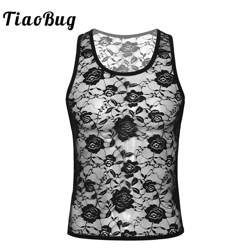 Мужская прозрачная эластичная майка с u образным вырезом без рукавов цветочным