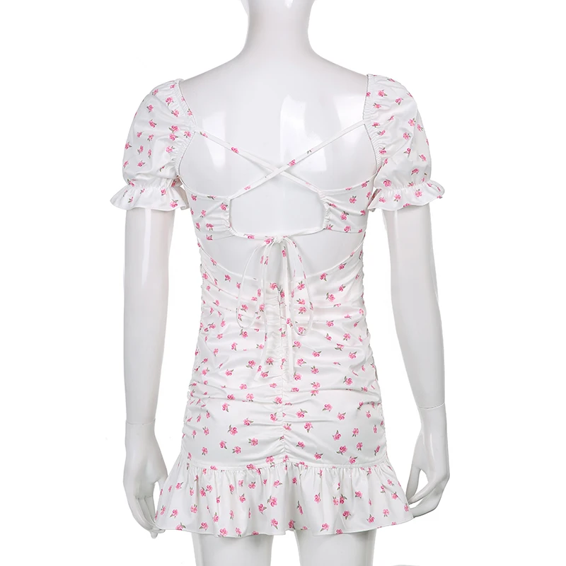 

Flower Floral Print Backless Dress 2021 Summer Ruched Puff Sleeve Bodycon Dress Women Sexy Mini Y2K Club Party Dress Streetwear