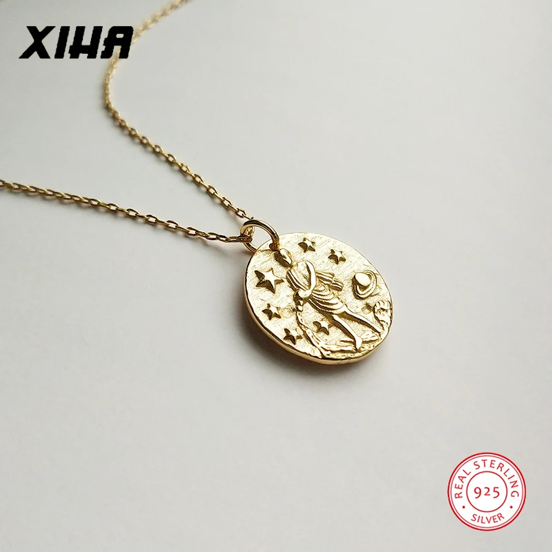 925 стерлингового серебра зодиака кулон ожерелье для женщин монета золотого цвета