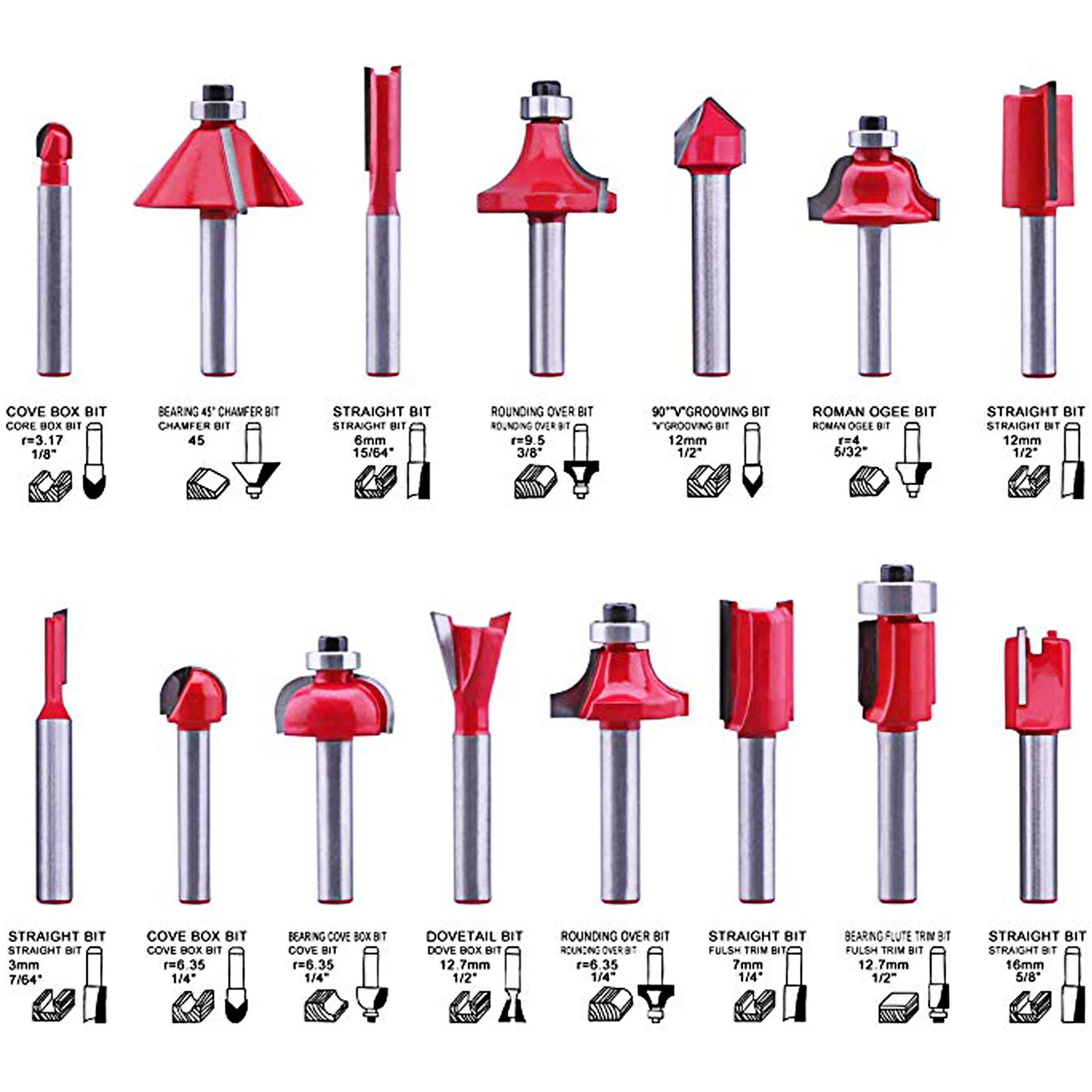 Набор твердосплавных фрезов (15 шт.) с 1/4 &quotхвостовиком и ящиком для хранения