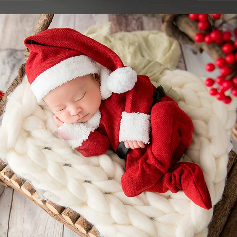 Accesorios de fotograf&iacute;a para beb&eacute; reci&eacute;n nacido, gorro de punto + pelele, accesorios de fotograf&iacute;a, Navidad, Santa Claus, Cosplay, utiler&iacute;a para sesiones de estudio-0