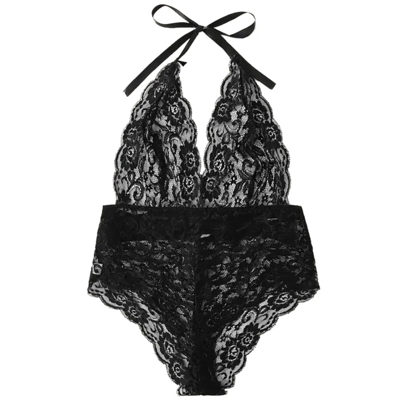 

Sexy Lingerie Women Lace One-piece Pajamas Halter Plunging Bodysuit Teddy Sleepwear Underwear Plus Size