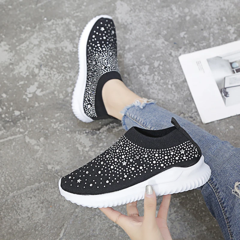 Лоферы женские на плоской вулканизированной подошве вязаные кроссовки без