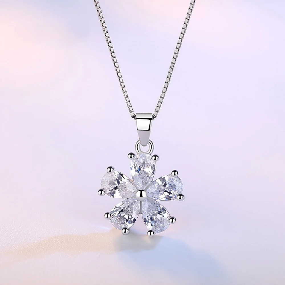 

new 925 Sterling Silver New Woman Fashion Jewelry High Quality Simple Crystal Zircon Flower Pendant Necklace Length 45CM