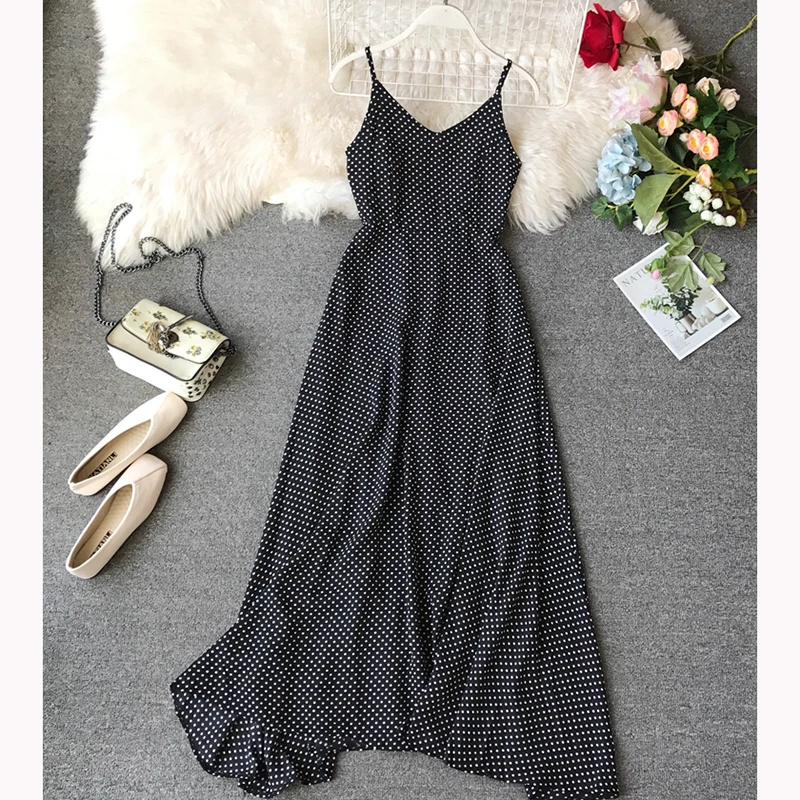 Летнее Бохо длинное платье женское с v-образным вырезом в горошек открытой спиной