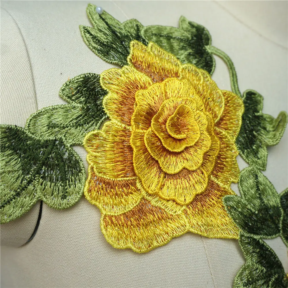 Желтый вышитый 3D цветок листья платье аппликации кружева ткань воротник нашивка