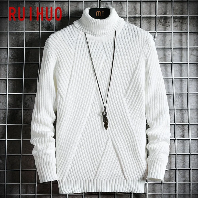 

RUIHUO 2021 Autumn Solid Pullover Turtleneck Men Clothing Turtle Neck Coats High Collar Knitted Sweater Korean Man Clothes M-2XL